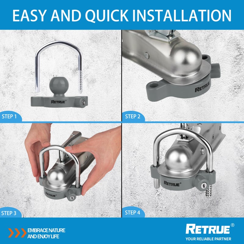 RETRUE Universal Coupler Lock Trailer Locks Ball Hitch Trailer Hitch Lock Adjustable Security Heavy-Duty Steel Fits 1-7/8 Inch, 2 Inch, 2-5/16 Inch Couplers, Grey - Image 3